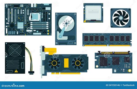 Computer hardware components like CPU, RAM, and SSD