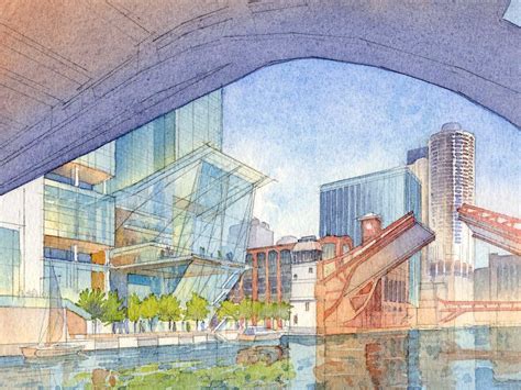 Architectural rendering with pencils and watercolors