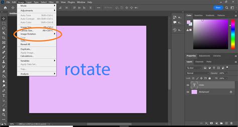 Photoshop Image Rotation menu with options visible