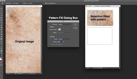 Photoshop Fill dialog box showing pattern selection