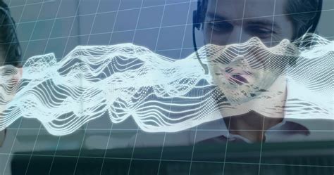 A person listening to headphones with a waveform overlay