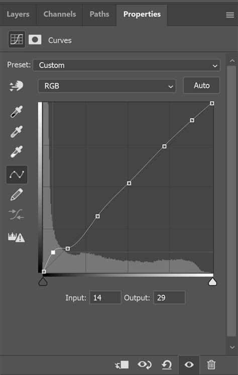 Diagram illustrating the Curves adjustment tool with an example of a curve adjustment for color correction