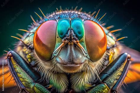 A close-up of a common housefly with its compound eyes and wings visible