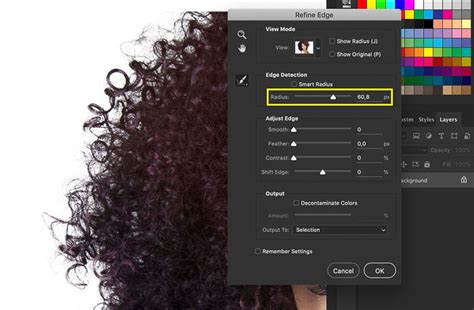 Close-up of the Refine Edge tool being used on hair in Photoshop