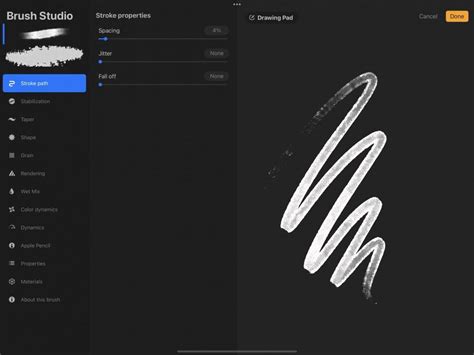 Procreate Brush Studio interface showing customization options