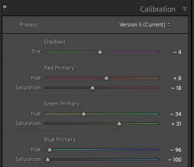Lightroom Calibration panel sliders for Red, Green, and Blue primary colors