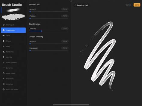 Procreate brush studio showing customization options