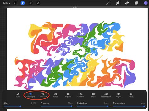 Procreate liquify tool interface with different distortion options