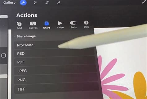 Procreate Share menu with PSD option highlighted
