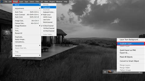 Photoshop menu showing Image > Mode > Grayscale