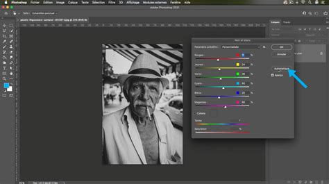 Photoshop Black & White adjustment layer interface with sliders