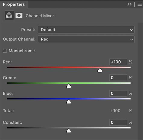 Photoshop Channel Mixer interface with Monochrome checked