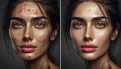 Before and after comparison of a portrait photo showing skin retouching in Photoshop