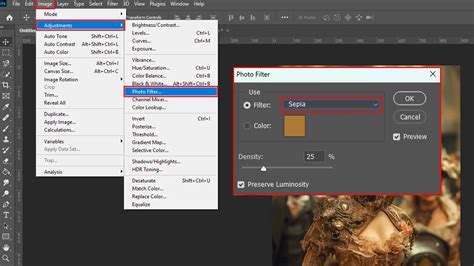 Photoshop interface with layers panel and filters menu highlighted