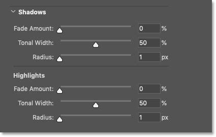 Screenshot of Smart Sharpen dialog box with Shadows and Highlights tabs expanded