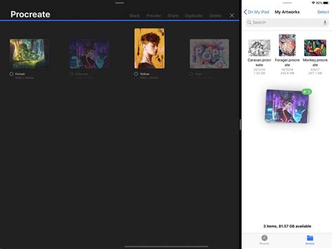 Procreate Gallery with artworks selected for unstacking