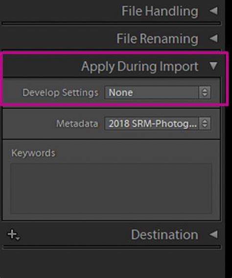 Lightroom CC import dialog box with Apply During Import panel highlighted