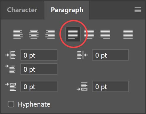 Photoshop Paragraph panel with text alignment options highlighted