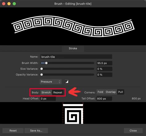 Brush Editor showing Stretch and Repeat options