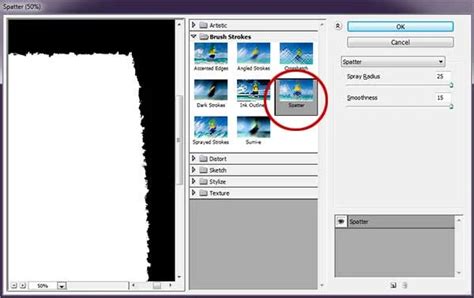 Screenshot of Photoshop's Spatter filter settings in the Filter Gallery