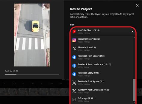 Kapwing resize project menu with aspect ratio options