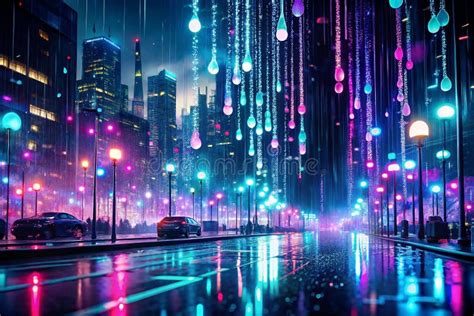 An artistic interpretation of a city street at night with glowing rain effects.