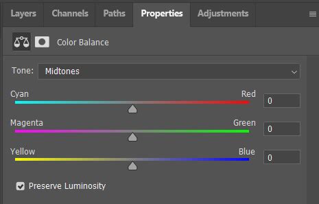 Photoshop Color Balance adjustment layer interface