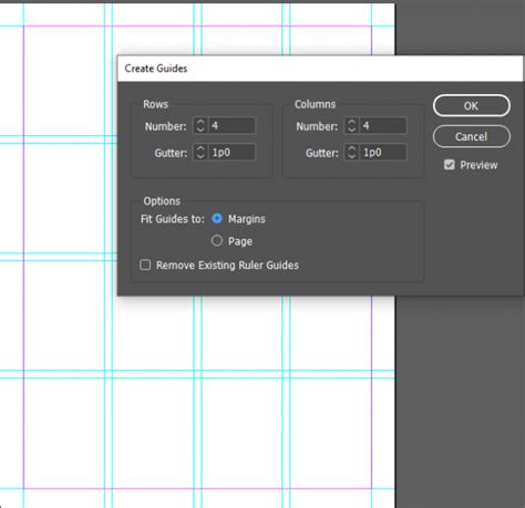 InDesign document with custom guides set up for columns and rows