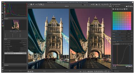 RawTherapee interface with color wheels and histogram