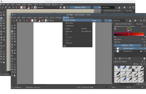 Krita interface with various brush tools and layer panel
