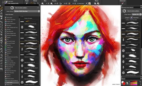 Corel Painter interface showing realistic brush strokes and color mixing
