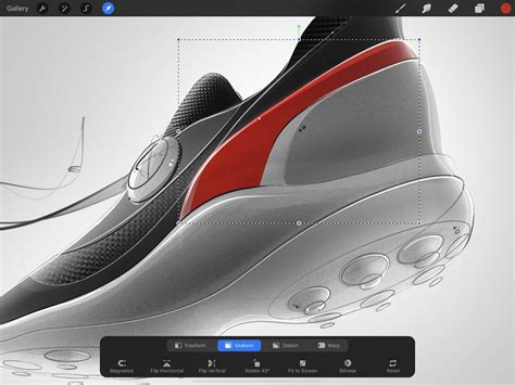 Screenshot of Procreate's Transform tool interface with bounding box and nodes
