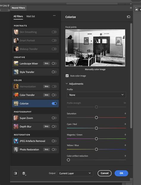 Photoshop Neural Filters panel showing the Colorize option