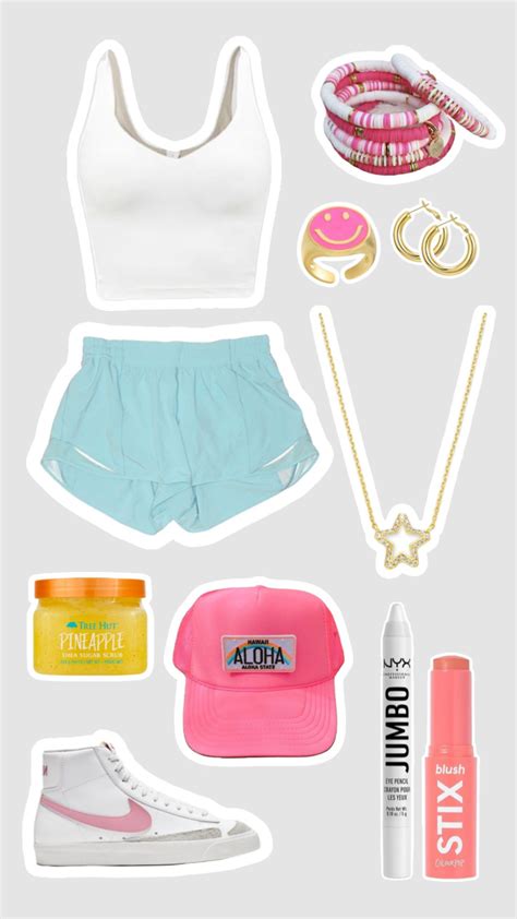 Collage of VSCO Preppy fashion items: colorful tops, denim shorts, canvas sneakers, tote bag