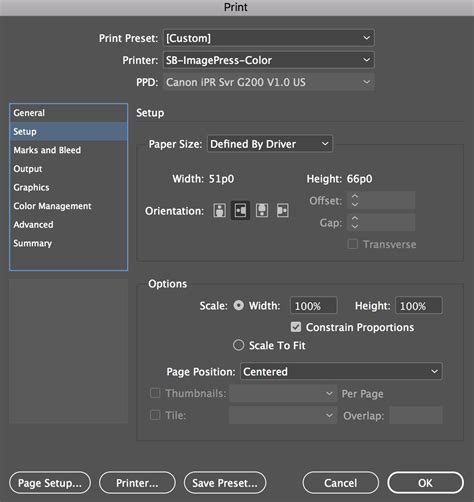 InDesign Print Booklet dialog box with settings highlighted