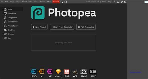 Photopea interface with toolbars and panels highlighted
