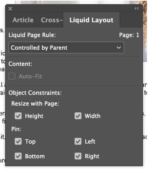 InDesign Liquid Layout panel with different rule options