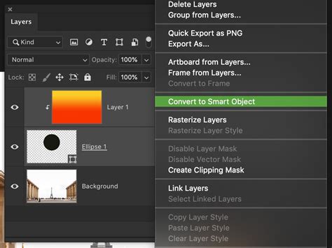 Photoshop Layers Panel showing Convert to Smart Object option