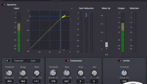 DaVinci Resolve Fairlight dynamics panel showing compressor settings