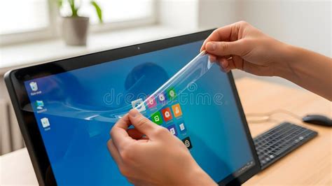 close-up of a hand applying a screen protector to a tablet screen, with a squeegee