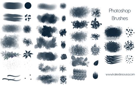 Illustration showcasing various Photoshop brushes with their names and sample textures.