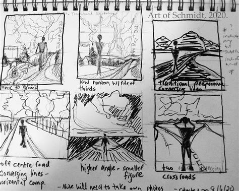 A series of thumbnail sketches for a comic panel, showing variations in composition.