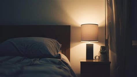 Softly lit bedroom with a neatly made bed and a sleep mask on the pillow