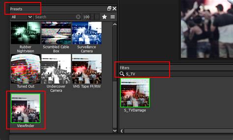 Boris FX Optics interface showing the S_TVDamage filter and its parameters