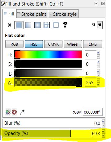 Inkscape: Fill and Stroke dialog showing opacity slider