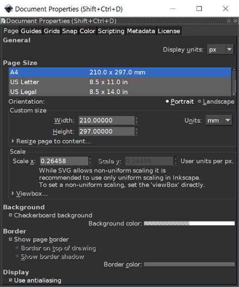 Inkscape Document Properties window with Snap tab highlighted