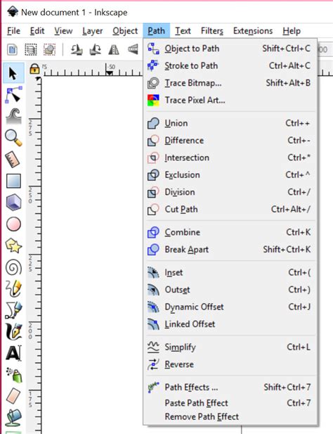 Inkscape: Path menu showing Combine, Union, Difference, etc.