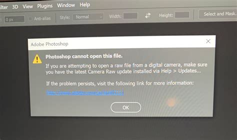Adobe Photoshop interface with an error message