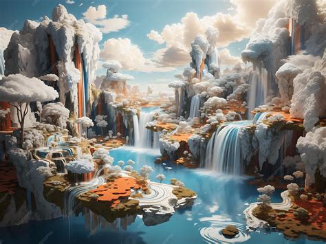 Surreal landscape with floating islands and waterfalls