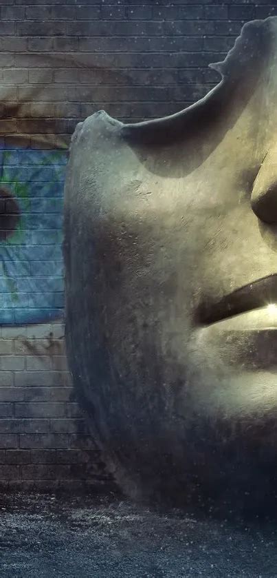 A surreal image of a face with a brick wall visible behind it